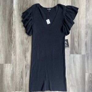 Express NEW black ribbed ruffle short sleeve sweater dress XS Deep V Minimalist